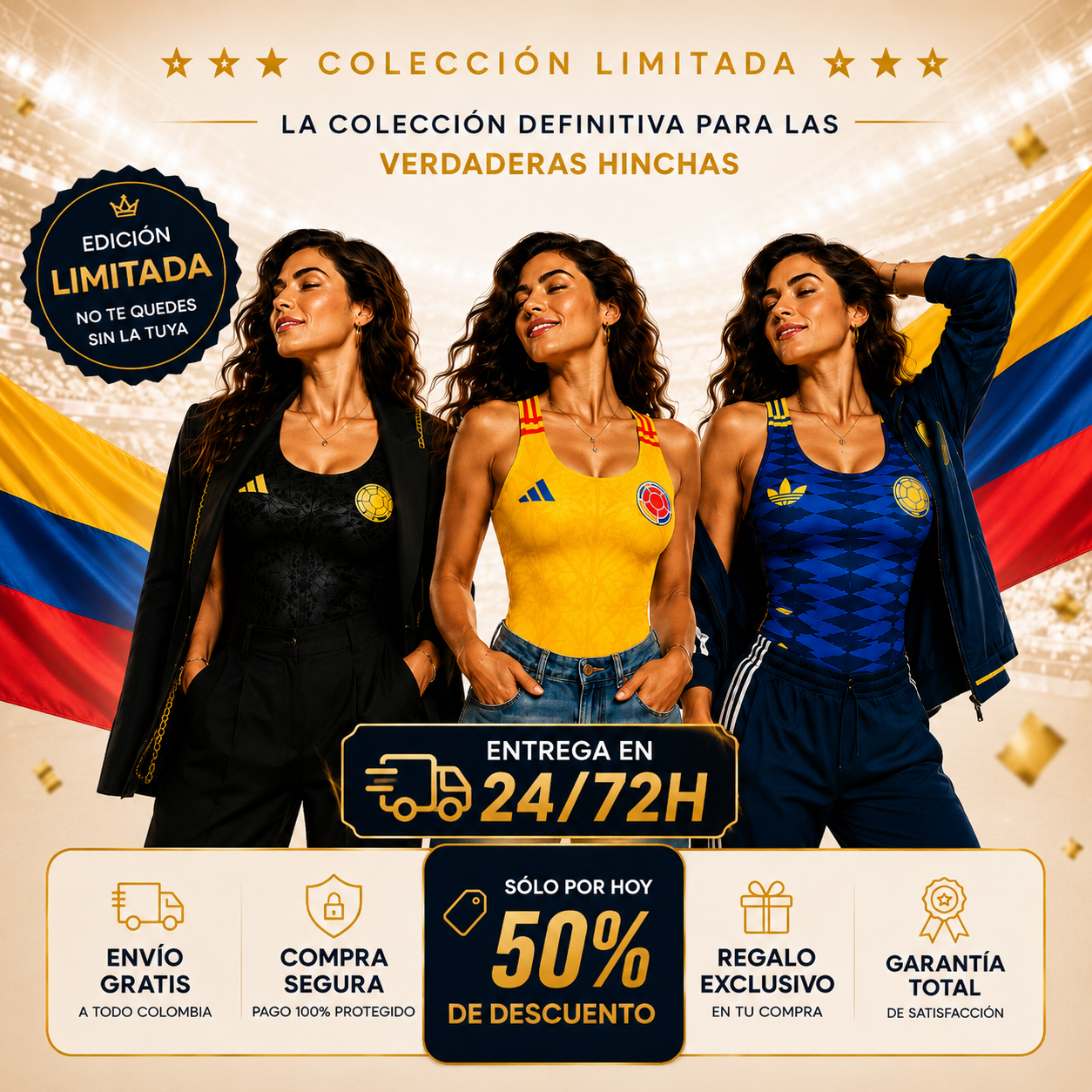 [PROMO 50% OFF] 💛💙❤️ TRES MOMENTOS, UNA PASIÓN ❤️💙💛  Luce un look para cada partido y roba todas las miradas ✨